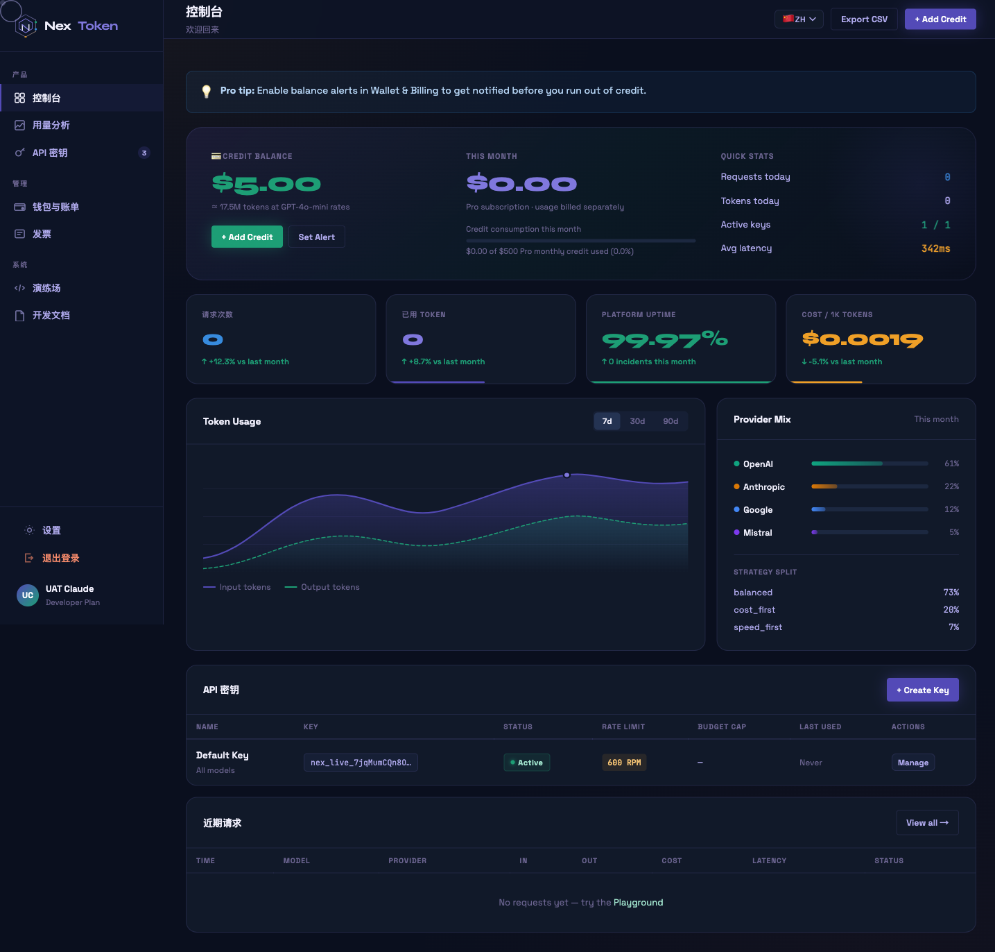 NexToken customer dashboard showing balance, usage analytics, provider mix, uptime and API key management